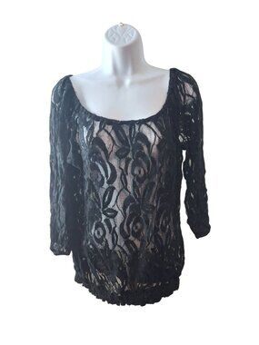 JSP Sheer Floral Top S Black Lace Fitted Goth Y2K Grunge Fairy Boho Clubwear